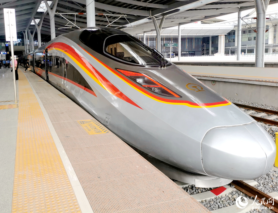 復(fù)興號(hào)智能動(dòng)車組車身外觀以“瑞龍智行”為主題。人民網(wǎng)記者 林曉麗攝