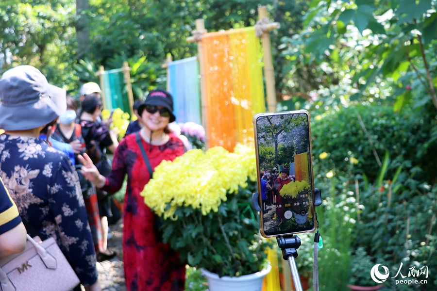 市民紛紛在菊展前拍照留念。人民網(wǎng)記者 劉卿攝