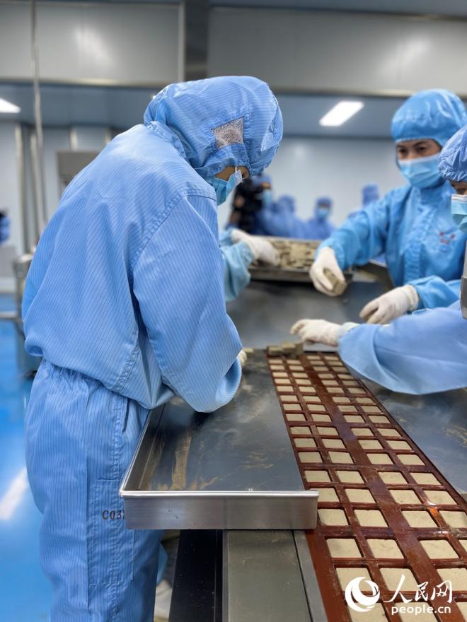 靈源藥業(yè)生產(chǎn)車間里，工人們正在挑揀剛出爐的萬應(yīng)茶。人民網(wǎng)記者 陳藍(lán)燕攝