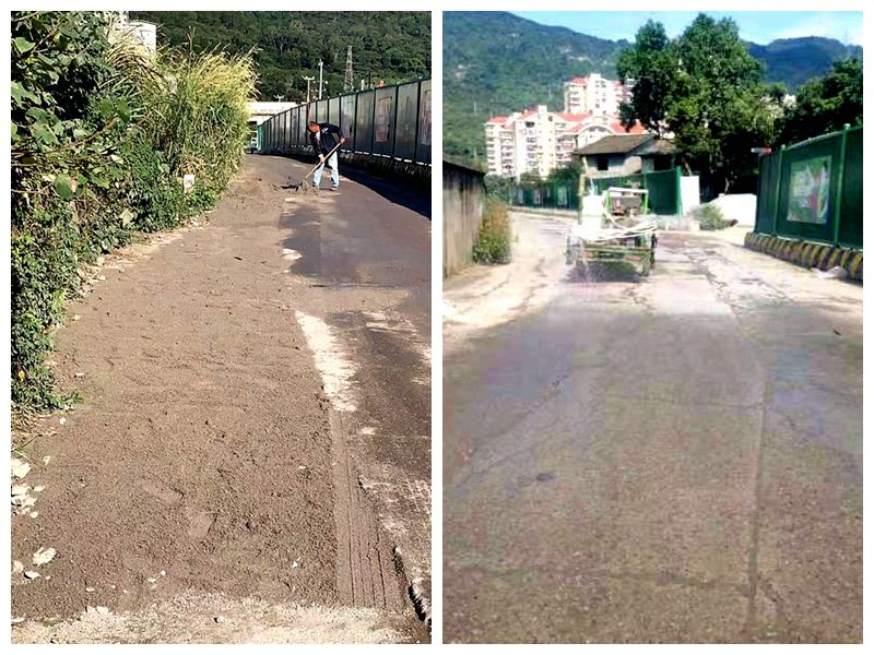 施工隊(duì)對(duì)村道進(jìn)行平整、灑水降塵。福州市城鄉(xiāng)建總集團(tuán)有限公司供圖