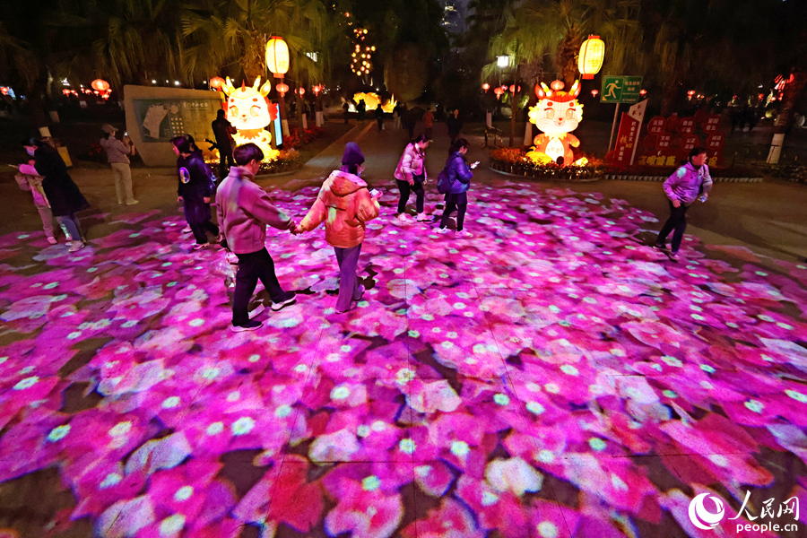 中山公園南門，LED圖案燈將“市花三角梅”投影在地面上，吸引小朋友追逐嬉戲。人民網(wǎng)記者 陳博攝