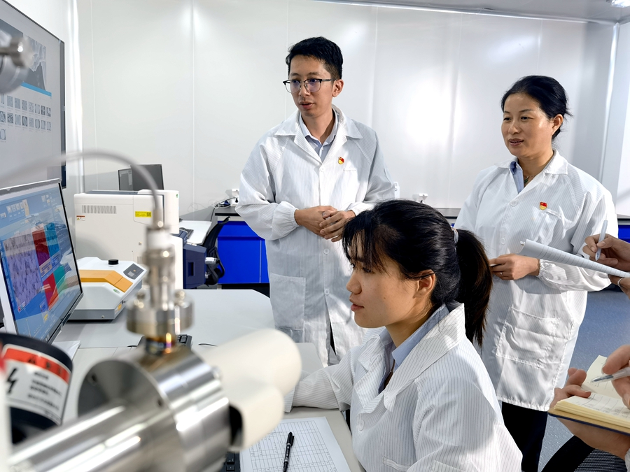 廈鎢新能研究院副院長(zhǎng)魏國(guó)禎與同事討論生產(chǎn)、研發(fā)問(wèn)題。廈鎢新能供圖