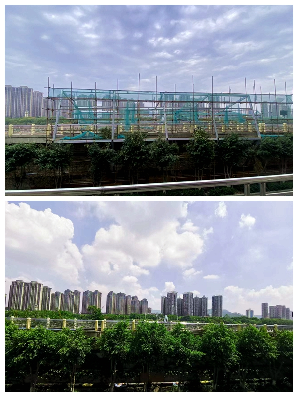 防洪堤上的腳手架拆除前后對(duì)比。泉州南安市文體旅發(fā)展集團(tuán)有限公司供圖