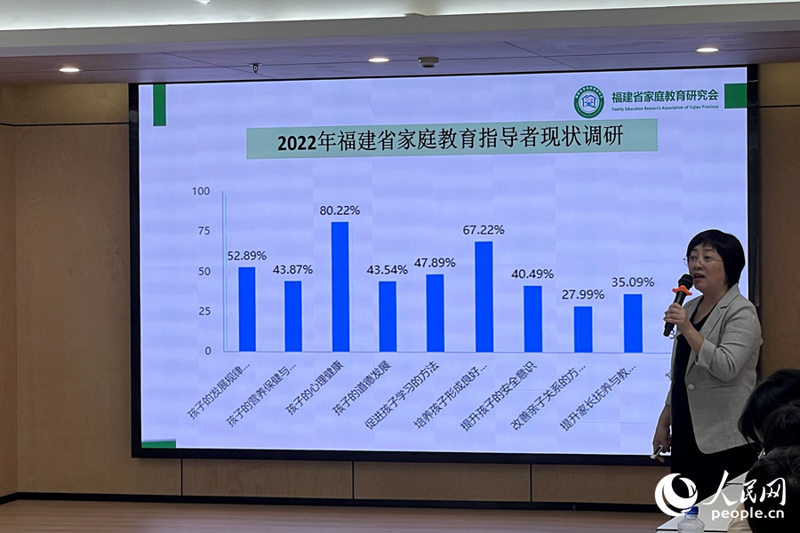 福建省家庭教育講師團(tuán)講師、福建省婦聯(lián)“家庭教育特派員”潘凌艷為家長(zhǎng)們上“開(kāi)學(xué)第一課”，引導(dǎo)家長(zhǎng)關(guān)注孩子心理健康，幫助孩子調(diào)整心態(tài)。人民網(wǎng) 謝星宇攝