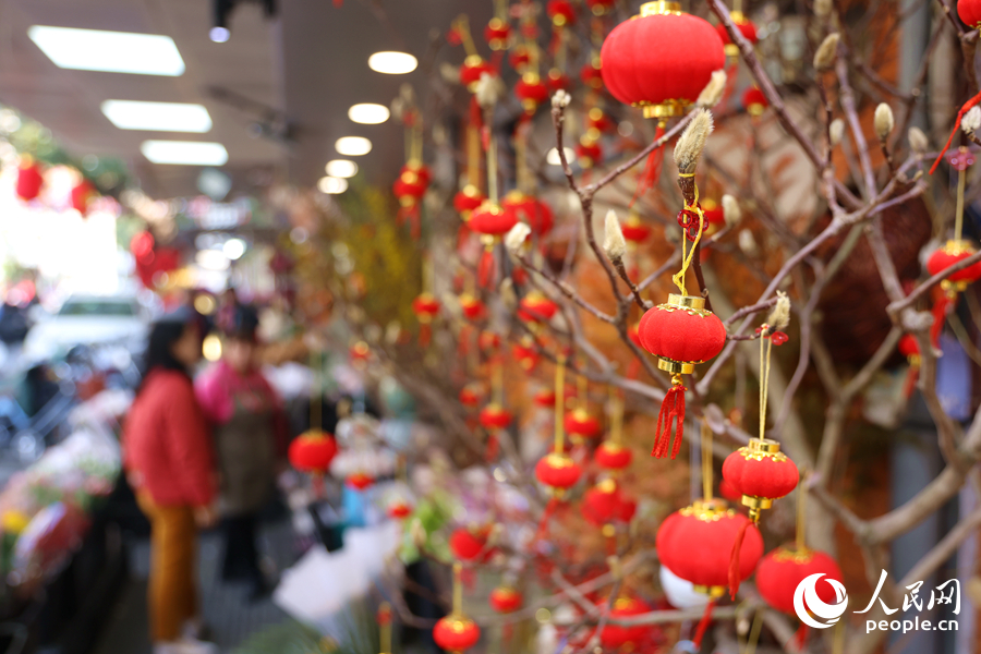 沿街商鋪掛起燈籠，年味十足。人民網(wǎng)記者 陳博攝