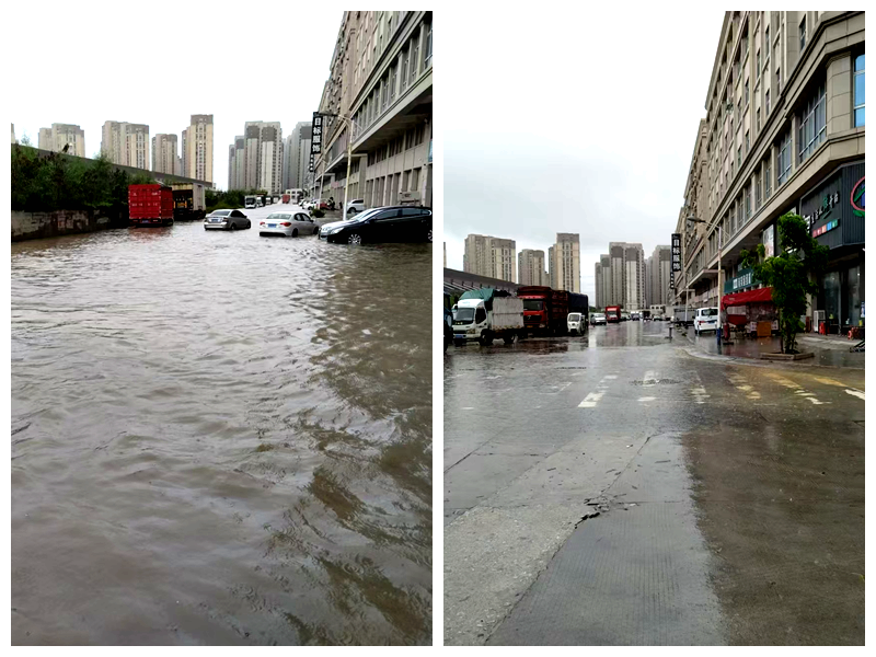 暴雨后的良益路，改造前后對(duì)比。晉江市新塘街道供圖